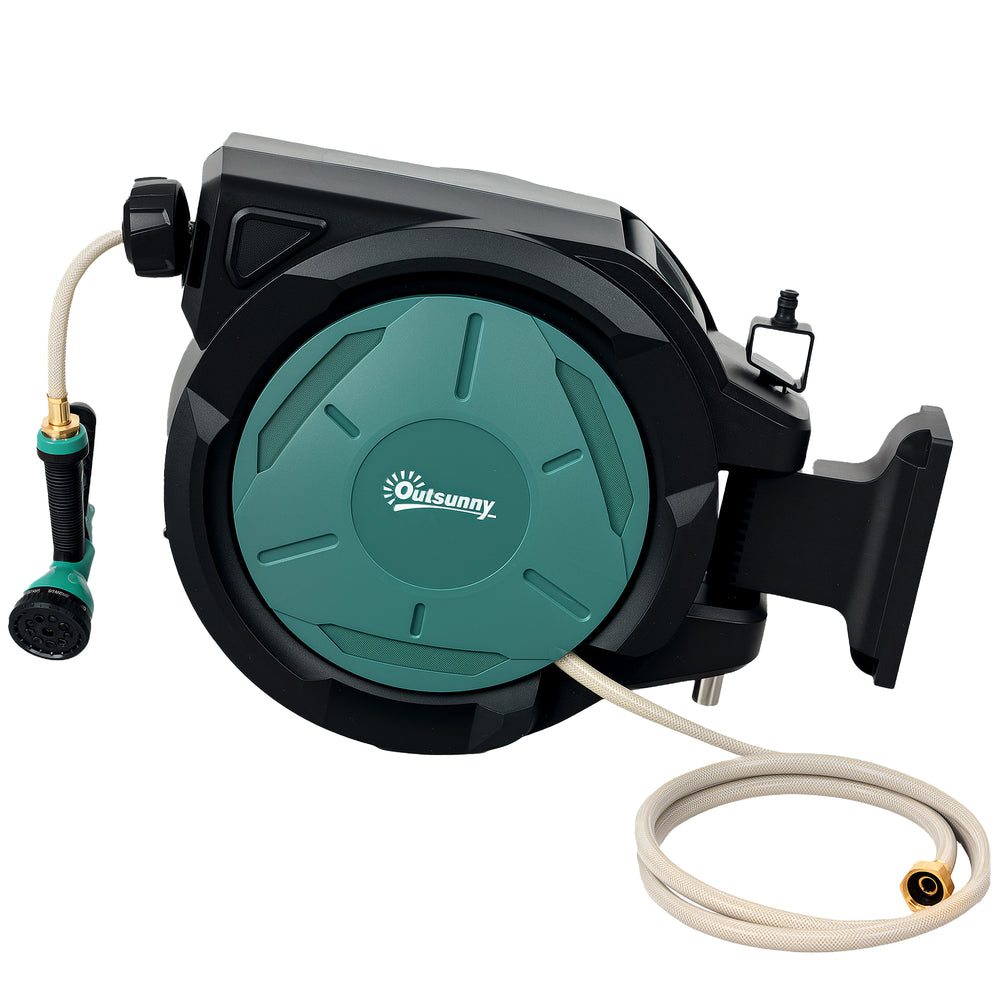 Retractable wall-mounted garden hose reel with automatic rewind