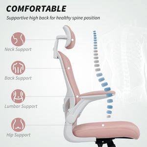 Ergonomic mesh office chair with headrest and lumbar support, pink