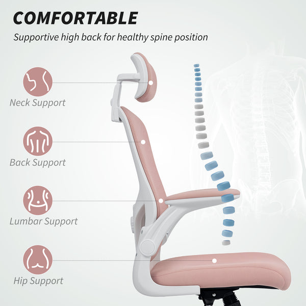 Ergonomic mesh office chair with headrest and lumbar support, pink