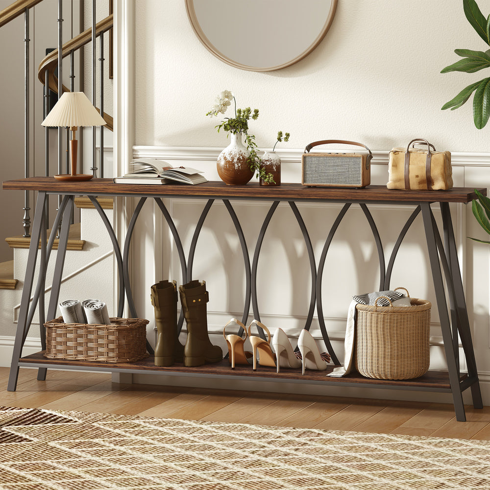 Industrial style two-tier console table with metal frame, rustic brown color.