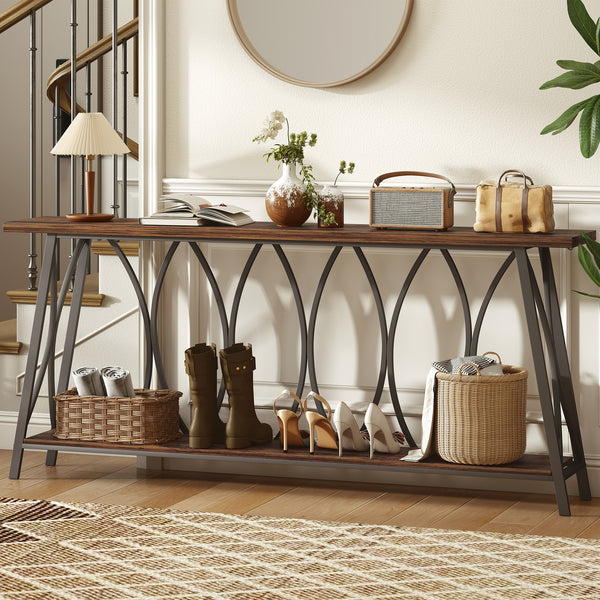 Industrial style two-tier console table with metal frame, rustic brown color.