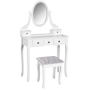 Wooden dressing table with 360° rotating mirror, 5 drawers and padded stool, white