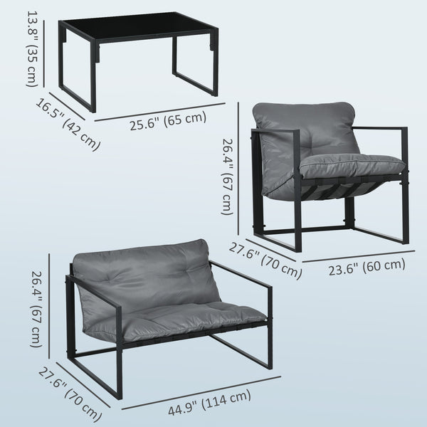 4 Piece Outdoor Furniture Set, Patio Conversation Set with Tempered Glass Table, Loveseat, 2 Chairs and Cushions, Grey