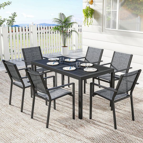 6-Seater Outdoor Dining Set, Metal Wood-Look Patio Table and Stackable Chairs, Black