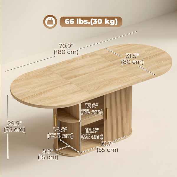 71" dining table with storage, oak finish