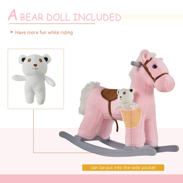 Plush rocking horse with teddy bear, pink