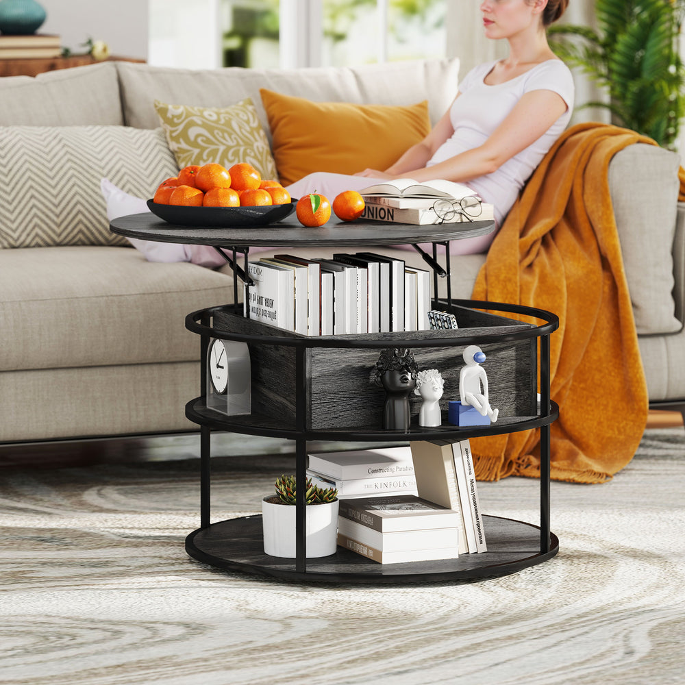 Round coffee table with storage shelf, aged dark gray