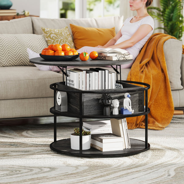 Round coffee table with storage shelf, aged dark gray