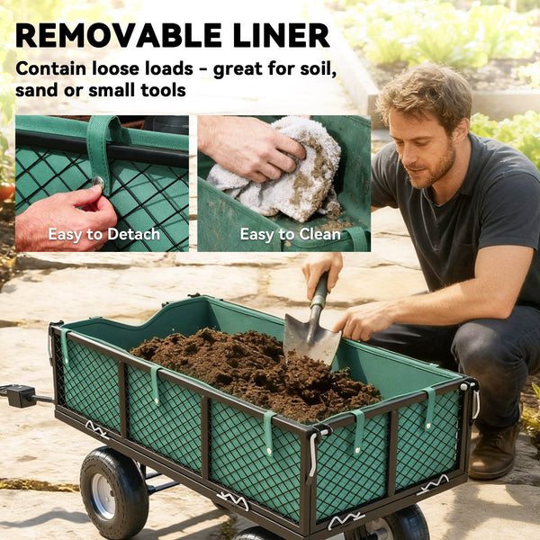 Steel garden cart with removable liner, green