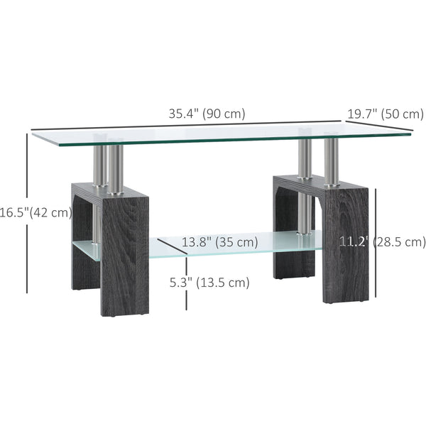 Rectangular coffee table with tempered glass top, gray