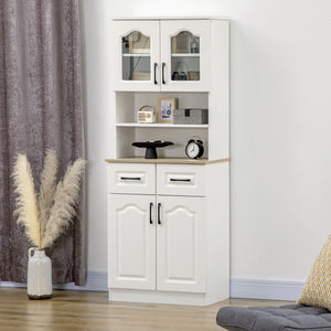 Freestanding storage unit with 2 adjustable shelves, 2 drawers, open countertop and glass doors, white