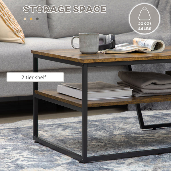 Industrial Two-Tier Coffee Table with Storage Shelf, Rustic Brown