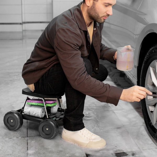 Rolling garden stool with integrated tool tray