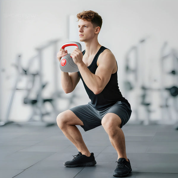 31 lb kettlebell with wide handle and stable base – Red and gray