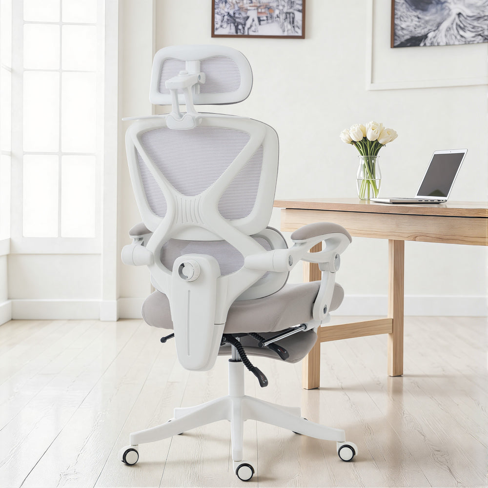 Reclining mesh office chair with footrest, light gray