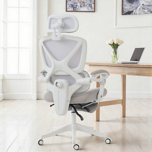 Reclining mesh office chair with footrest, light gray