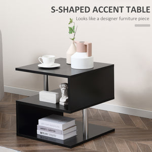 S-Shaped Wooden Side Table with 3 Storage Shelves, Black
