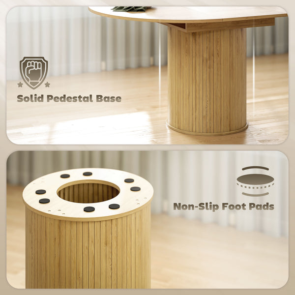 Extendable kitchen table for 6 to 8 people in country style with pedestal base, natural wood finish