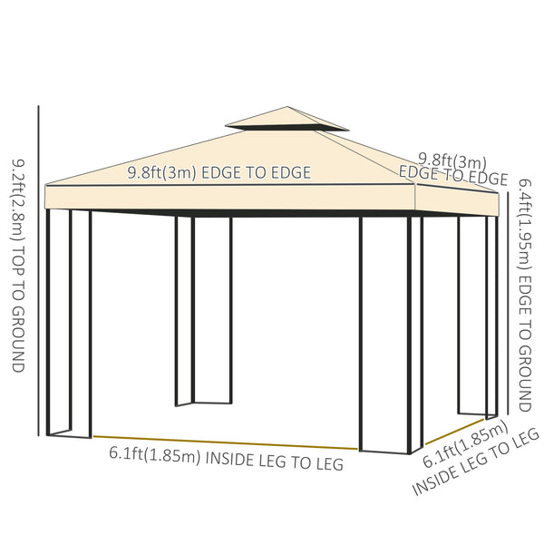 10'x10' Soft Steel Gazebo with Two-Tier Polyester Roof and Curtain Sidewalls, Beige 