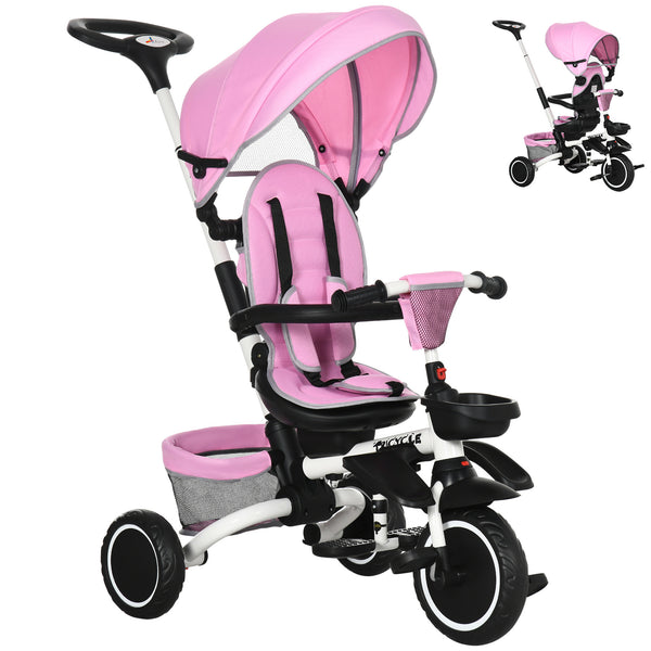 6 in 1 Foldable Tricycle with Adjustable Seat and Push Handle, Pink