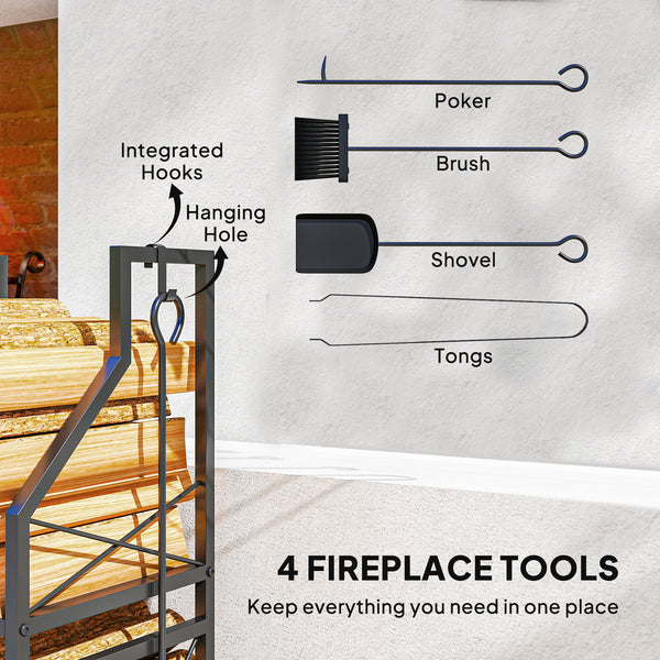 2-tier firewood rack with 4 fireplace tools