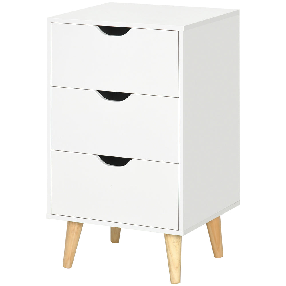Modern 3-drawer bedside table with wooden legs, white