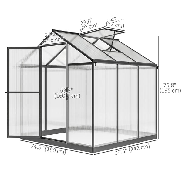 6' x 8' x 6.4' Walk-In Greenhouse Polycarbonate Panels and Aluminum Frame, Anthracite Gray