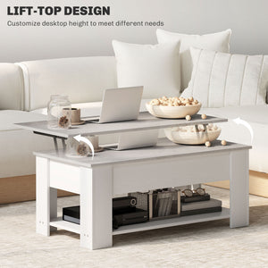 Lift-top coffee table with hidden compartment and open shelf, white