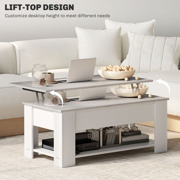 Lift-top coffee table with hidden compartment and open shelf, white