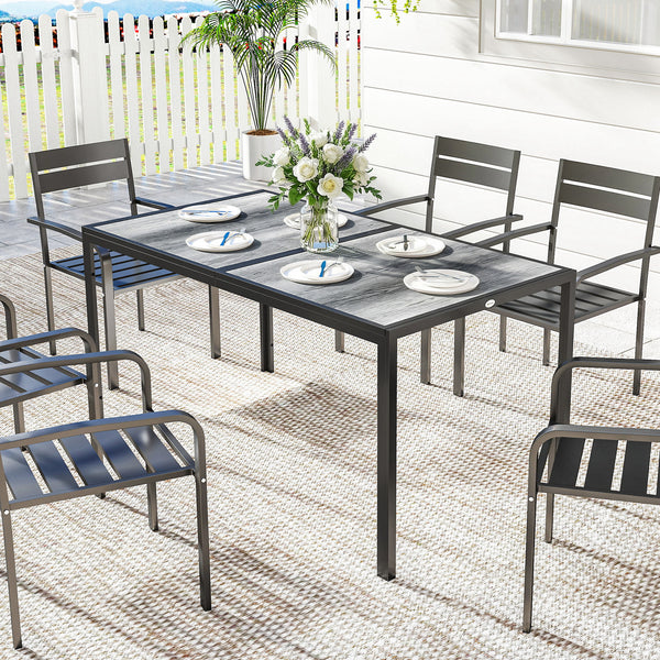 Table de salle à manger d'extérieur pour 4-6 personnes, table de terrasse extérieure de 150 cm avec pieds en métal, plateau effet bois, gris