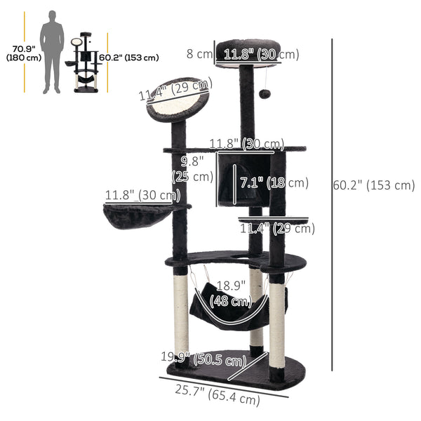 60" Multi-Level Plush Cat Tree, Dark Grey