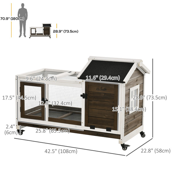 Rabbit hutch with wheels, ramp, run, and tray for indoor and outdoor use