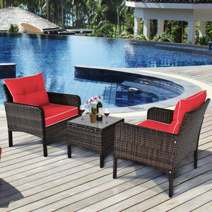 3-Piece Outdoor Patio Rattan Conversation Set with Seat Cushions - Red