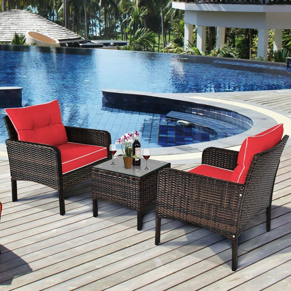 3-Piece Outdoor Patio Rattan Conversation Set with Seat Cushions - Red