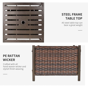 Outdoor patio coffee table in woven rattan with parasol hole, brown