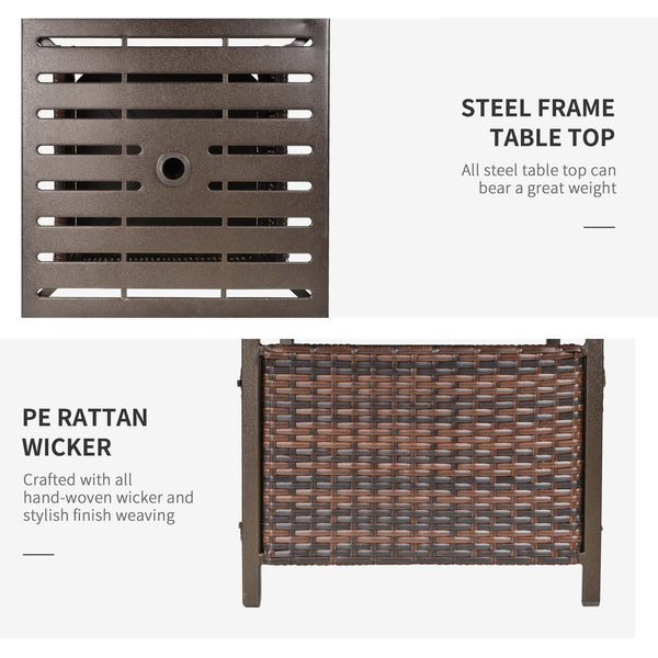 Outdoor patio coffee table in woven rattan with parasol hole, brown