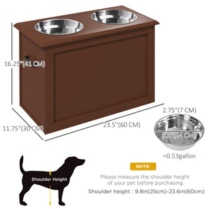 Raised dog bowls with storage, brown