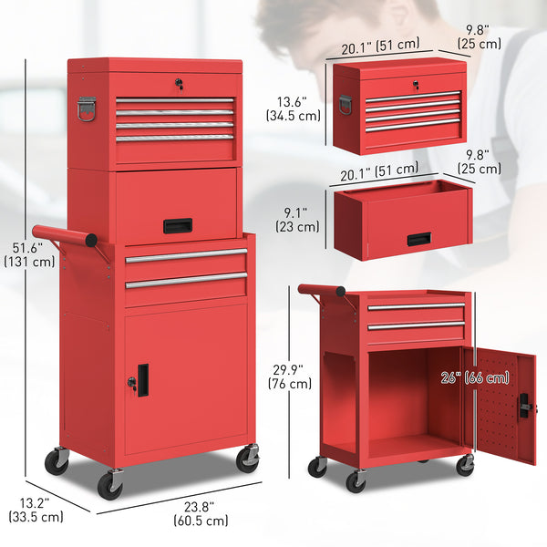 3-in-1 rolling tool chest, 6 drawers and perforated panel, red.