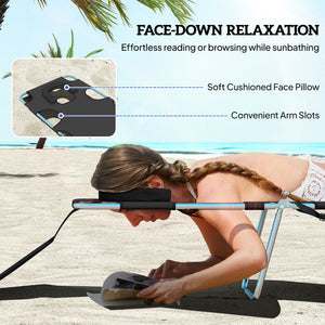 Folding Outdoor Lounge Chair, 5-Level Tanning Chair with Face Hole, Side Pocket, Carry Strap for Beach Pool, Black