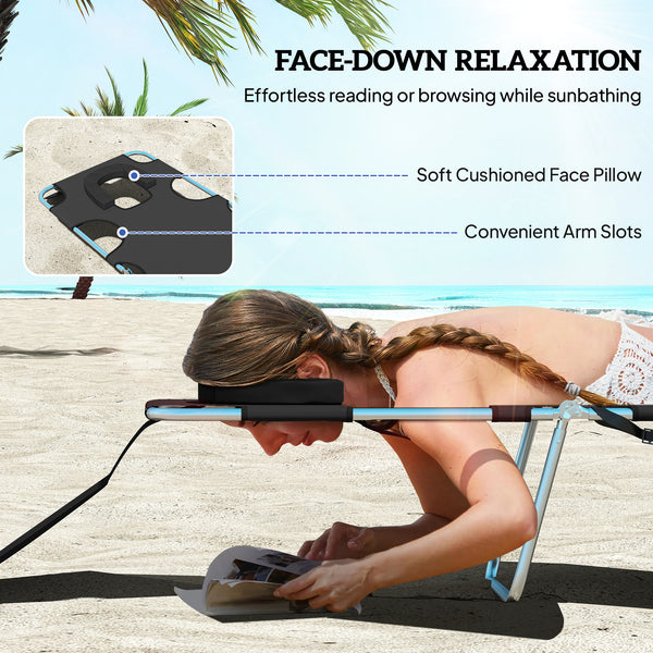 Folding Outdoor Lounge Chair, 5-Level Tanning Chair with Face Hole, Side Pocket, Carry Strap for Beach Pool, Black