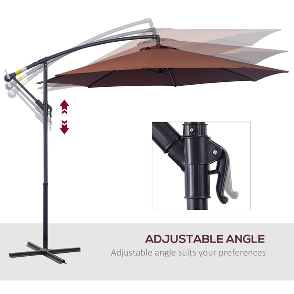 Parasol de terrasse Deluxe 3 m déporté suspendu avec manivelle, base en croix, couleur café