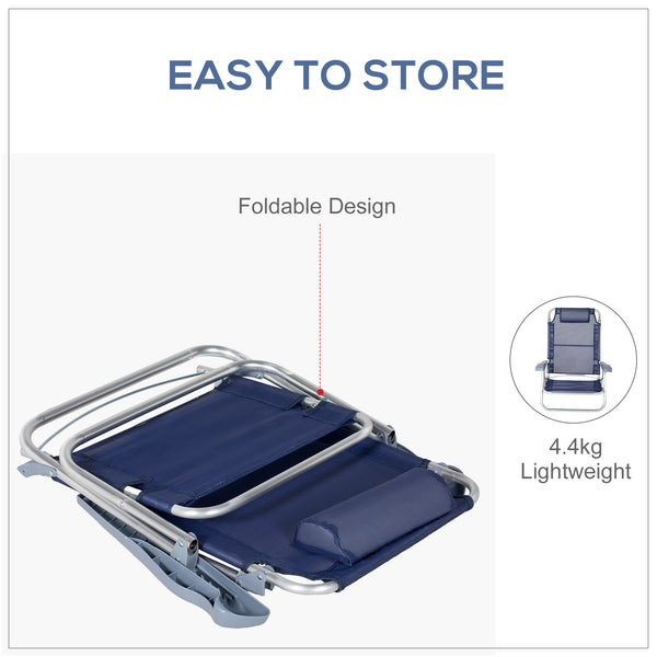 Set of 2 beach chairs, camping chairs with adjustable backrest and headrest, dark blue