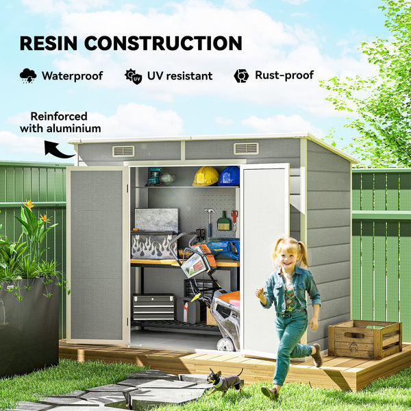 Resin garden shed with floor, window, lockable doors and ventilation, light grey