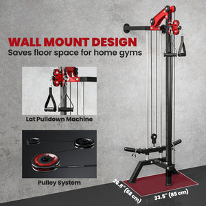 Wall-mounted pulley station adjustable to 16 positions, compatible with Olympic plates – Black and red