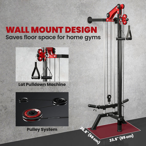 Wall-mounted pulley station adjustable to 16 positions, compatible with Olympic plates – Black and red