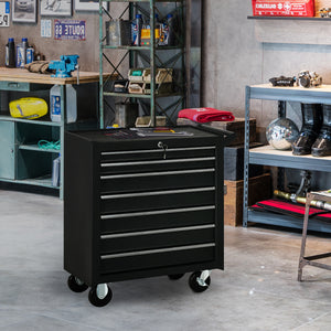 Lockable 7-drawer mobile tool chest with handle, black