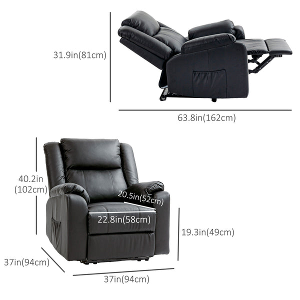 Faux Leather Recliner Chair with Footrest and 2 Side Pockets, Black