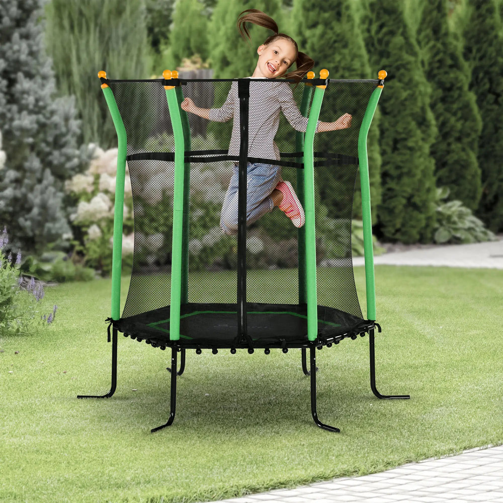 64" Kids Indoor/Outdoor Trampoline with Enclosure Net, Thick Padded Elastic Pole, for Ages 3-10, Green