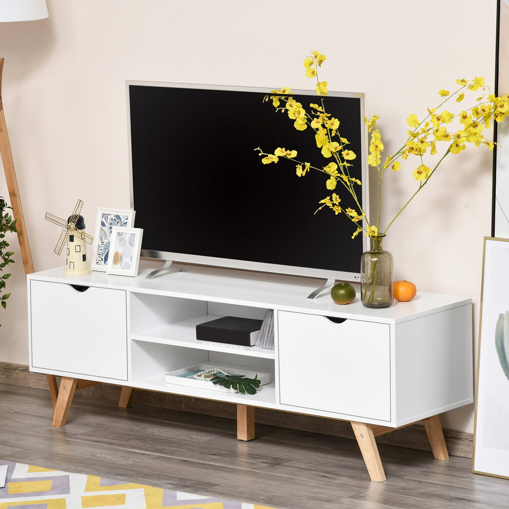 Modern wooden TV stand with 2 storage drawers for TVs up to 65 inches, white