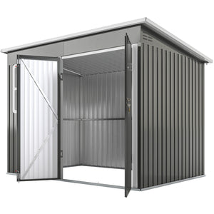 Galvanized steel garden shed with window, wide lockable doors and ventilation, grey